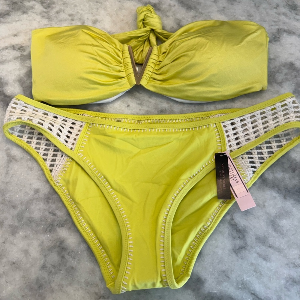 Victoria’s Secret Neon Yellow Bikini XL Crochet Sides Bandeau Top Euro Summer - Picture 2 of 6